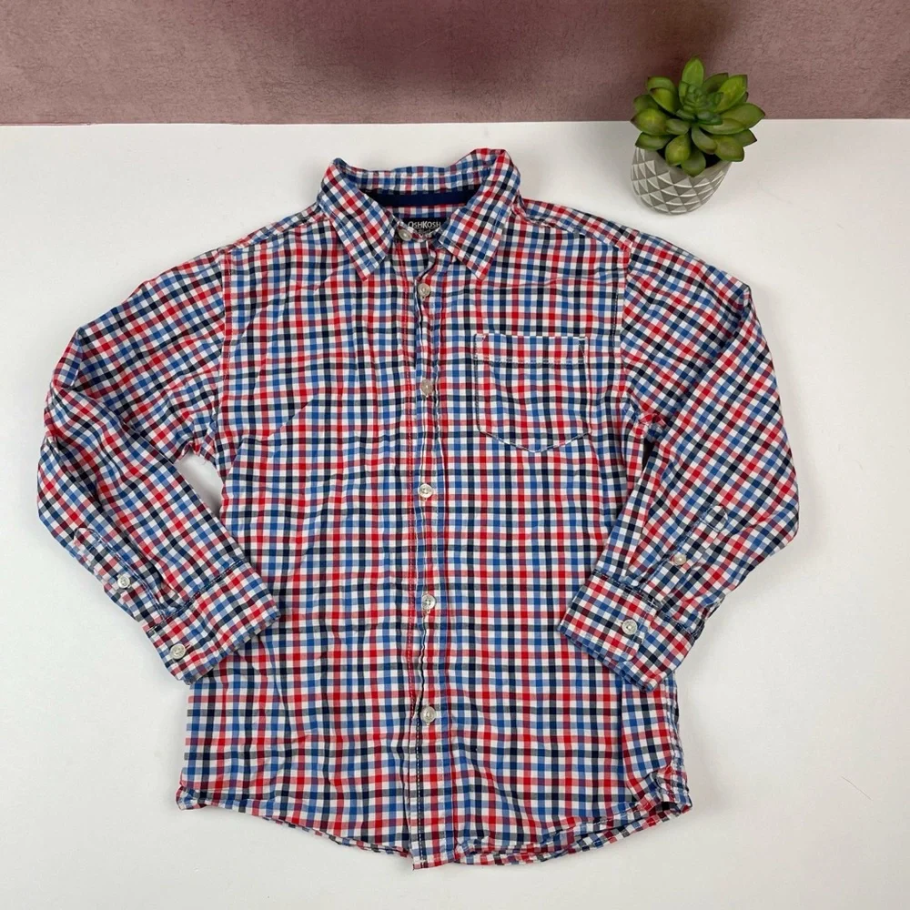 OshKosh B'gosh Red White Blue Plaid Gingham Long Sleeve Button Down Shirt Boy